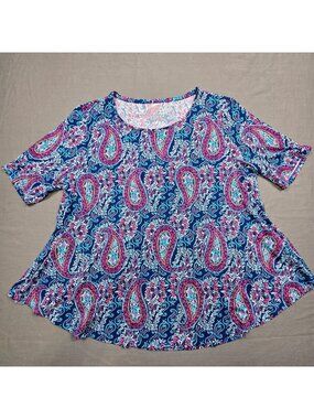 Chicos Size 1 M Ultimate Tee Paisley Print Short Sleeve Blue Pink Top Stretchy